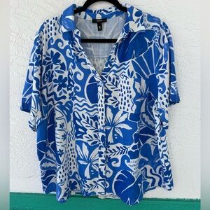 Aqua Tropical Short Sleeve Button Down Top XXL Blue white